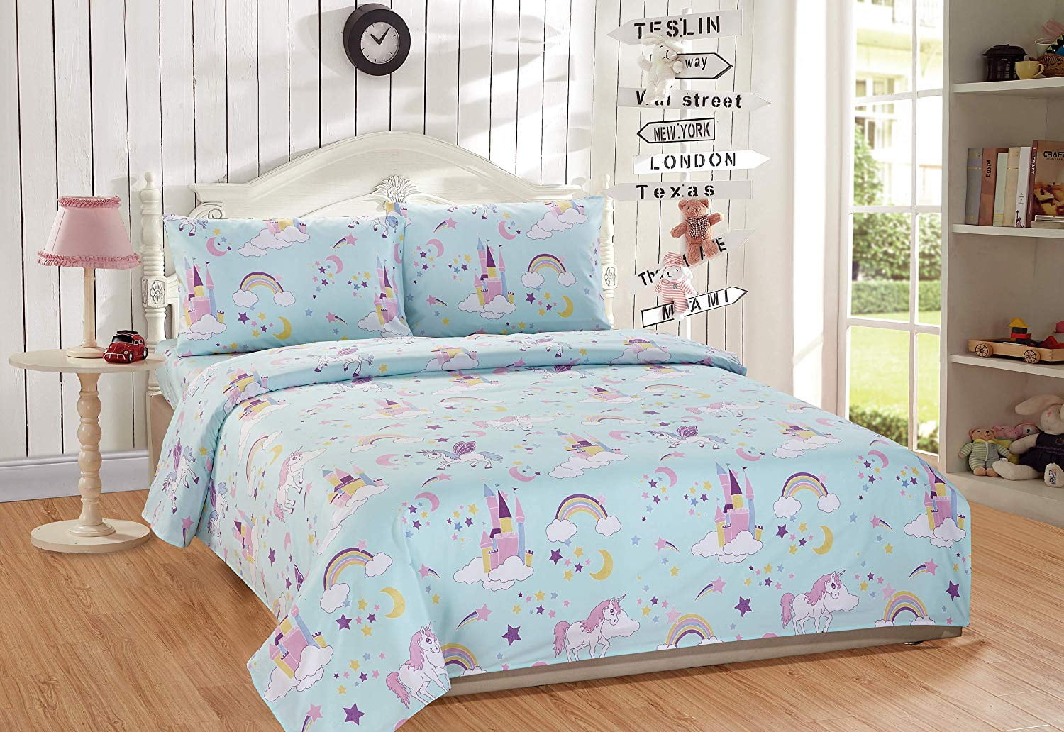 Fancy Linen 5pc Twin Comforter Set Castle Unicorn Blue Pink Purple White Yellow