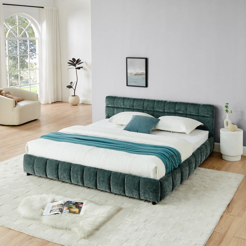 King Size Upholstered Platform Bed with 4 Storage Drawers, Low-Profile Chenille Grounded Bed with Headboard and Solid Frame, No Box Spring Needed