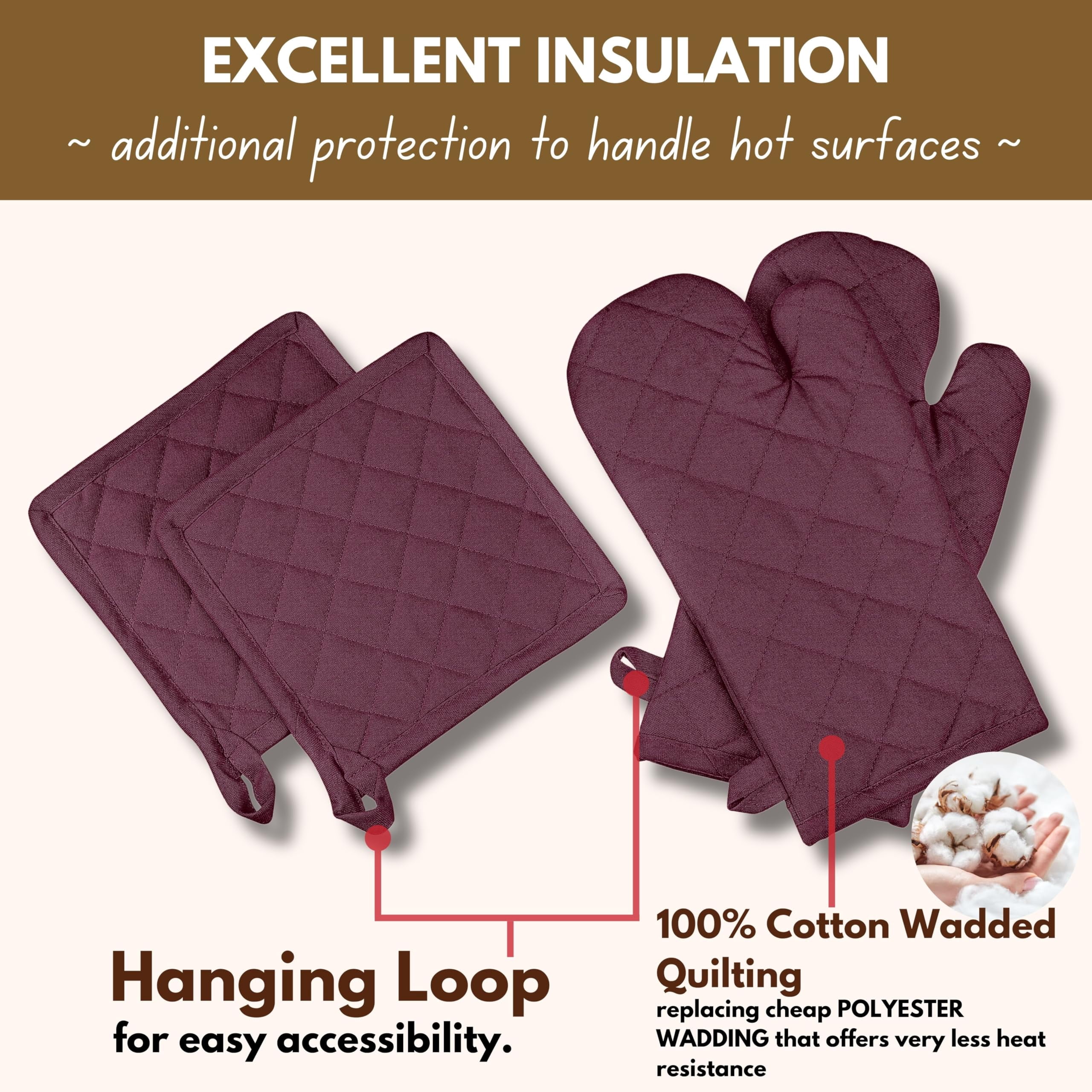 Native Fab Oven Mitts & Potholders Set, Heat Resistant, 100% Cotton, Quilted Design, Non-Slip Grip, Ideal for Baking, Cooking, BBQ, Kitchen Protection - Burgundy Wine