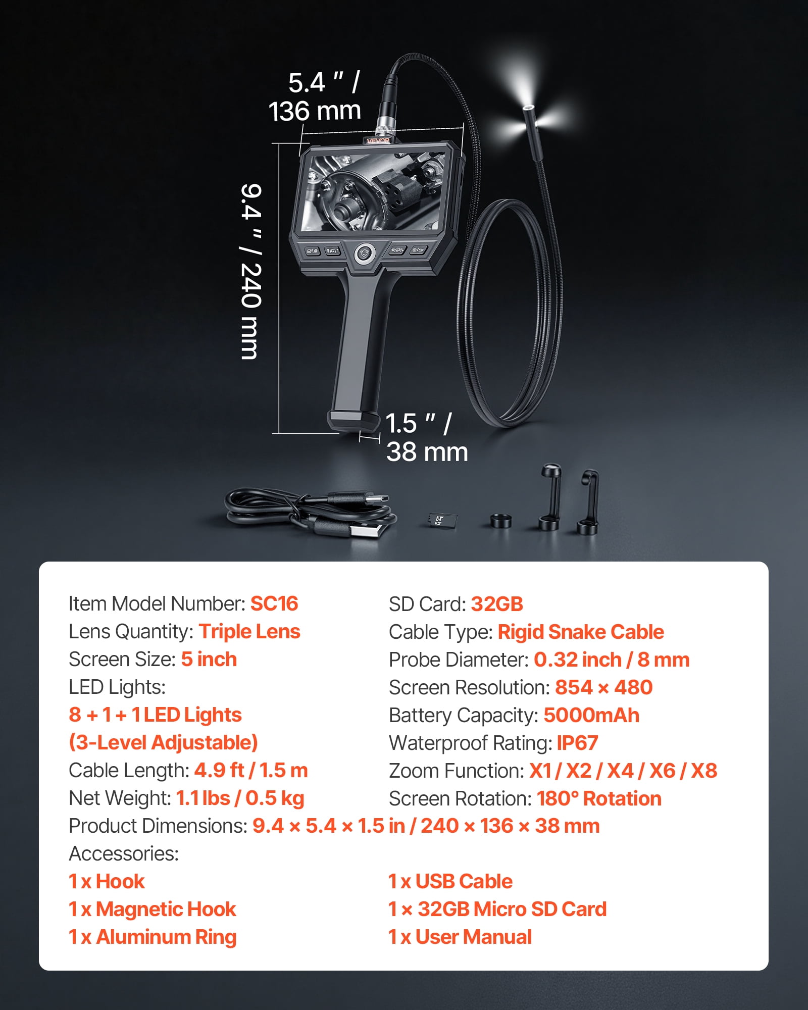 VEVOR Triple Lens Endoscope with Light, 5" HD IPS Screen Industrial Borescope Camera, 8 + 2 LED Lights, 8X Zoom, 5000mAh, IP67 Waterproof Inspection Snake Camera for Automotive, Plumbing(4.9FT Cable)