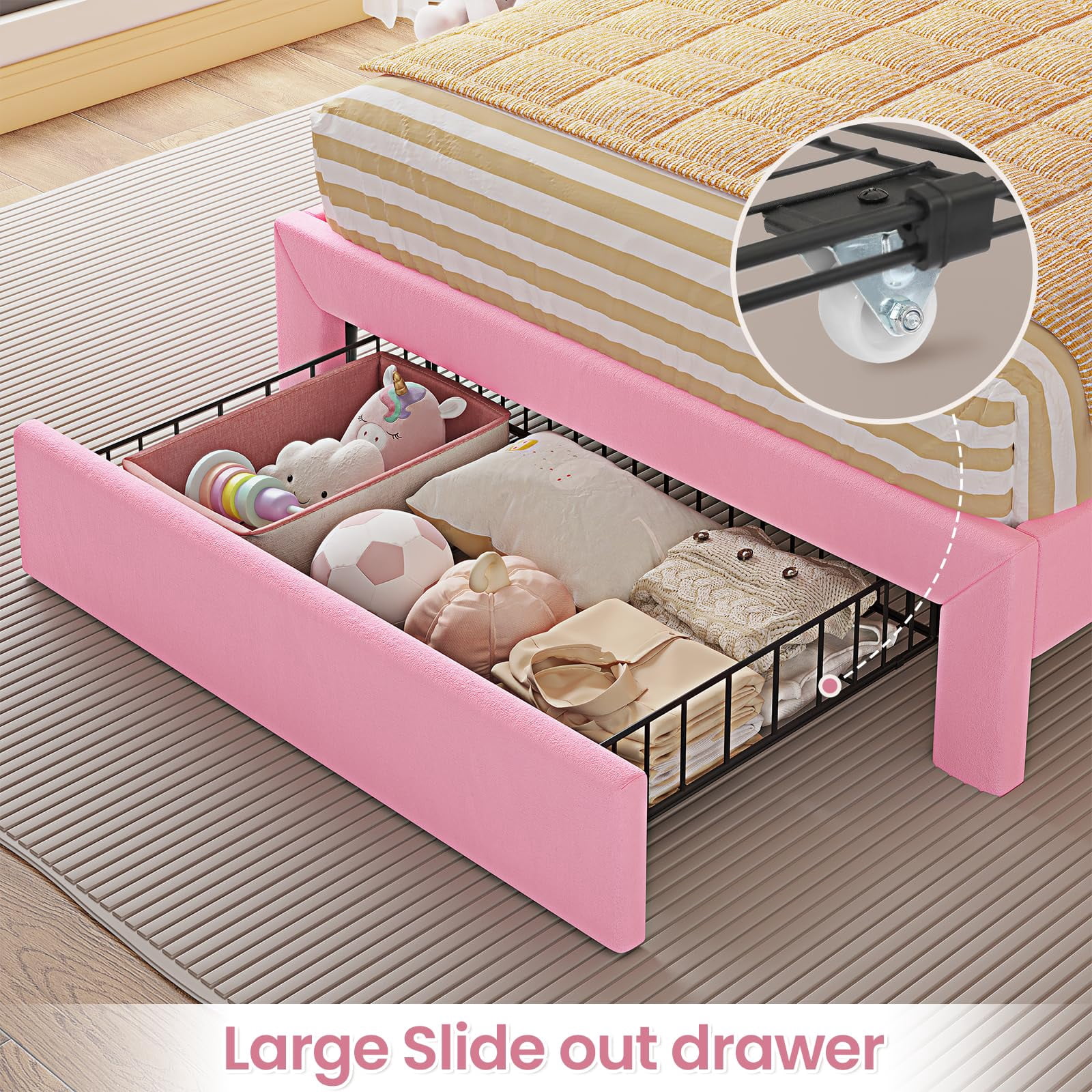 Afuhokles Twin Bed Frame with Drawer and LED Lights and Charging Station, Hidden Storage Headboard Princess Velvet Upholstered Platform Bed with Headboard, Pink
