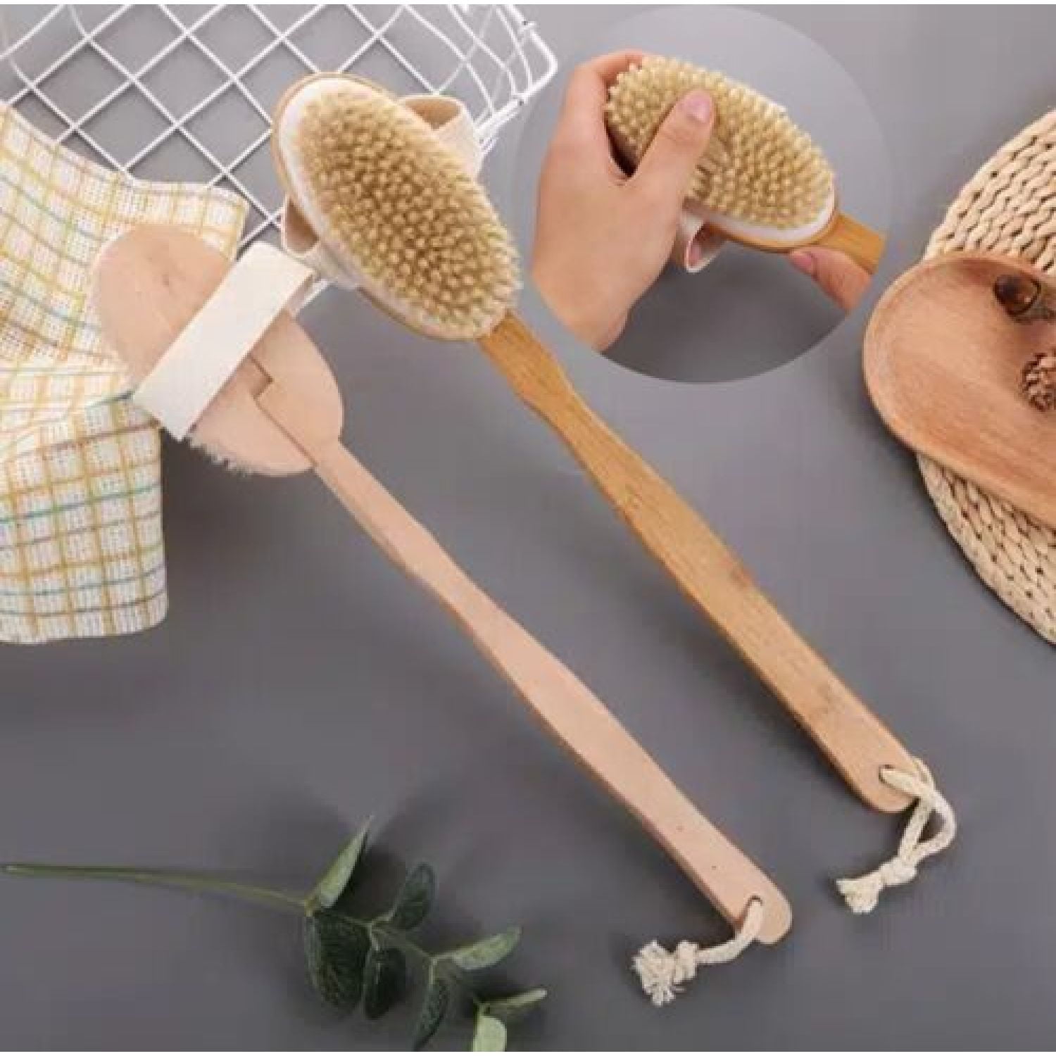 2 pc Natural Bristle Shower Brush Wooden Bath Brush Body Scrubber Long Handle