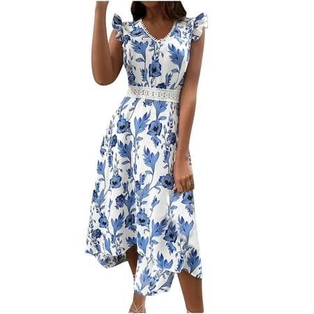 

COBKK Pink Skirt For Women s Fashion Holiday Summer Printing V Neck Sleeveless Party Beach Irregular Long Skirt Dress Evening Party Skirts For Women Blue S