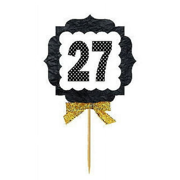 27th Birthday / Anniversary Gold Ribbon Hand Crafted Novelty Cupcake Decoration Toppers / Picks -12ct