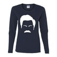 thumbnail image 2 of Wild Bobby, White Parks and Rec Fans Ron Swanson Mustache Face Silhouette, Pop Culture, Women Graphic Long Sleeve Tee, Navy, Small, 2 of 4