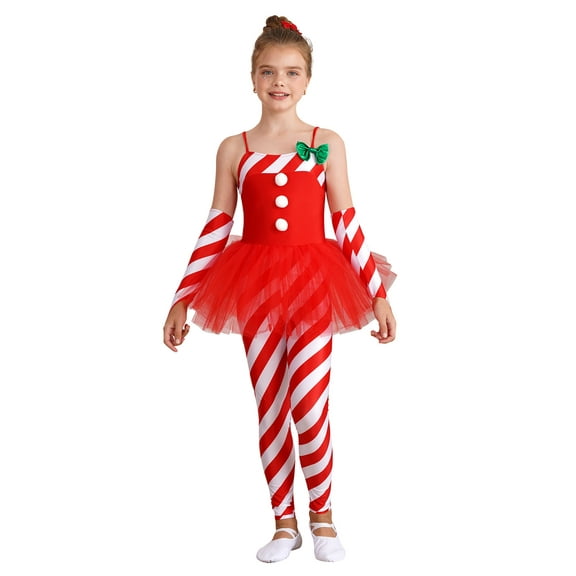 iEFiEL Kids Girls Christmas Jumpsuit Party Stripes Tulle Peplum Candy Cane Unitard Xmas Santa Dance Gymnastics Bodysuit Red 14