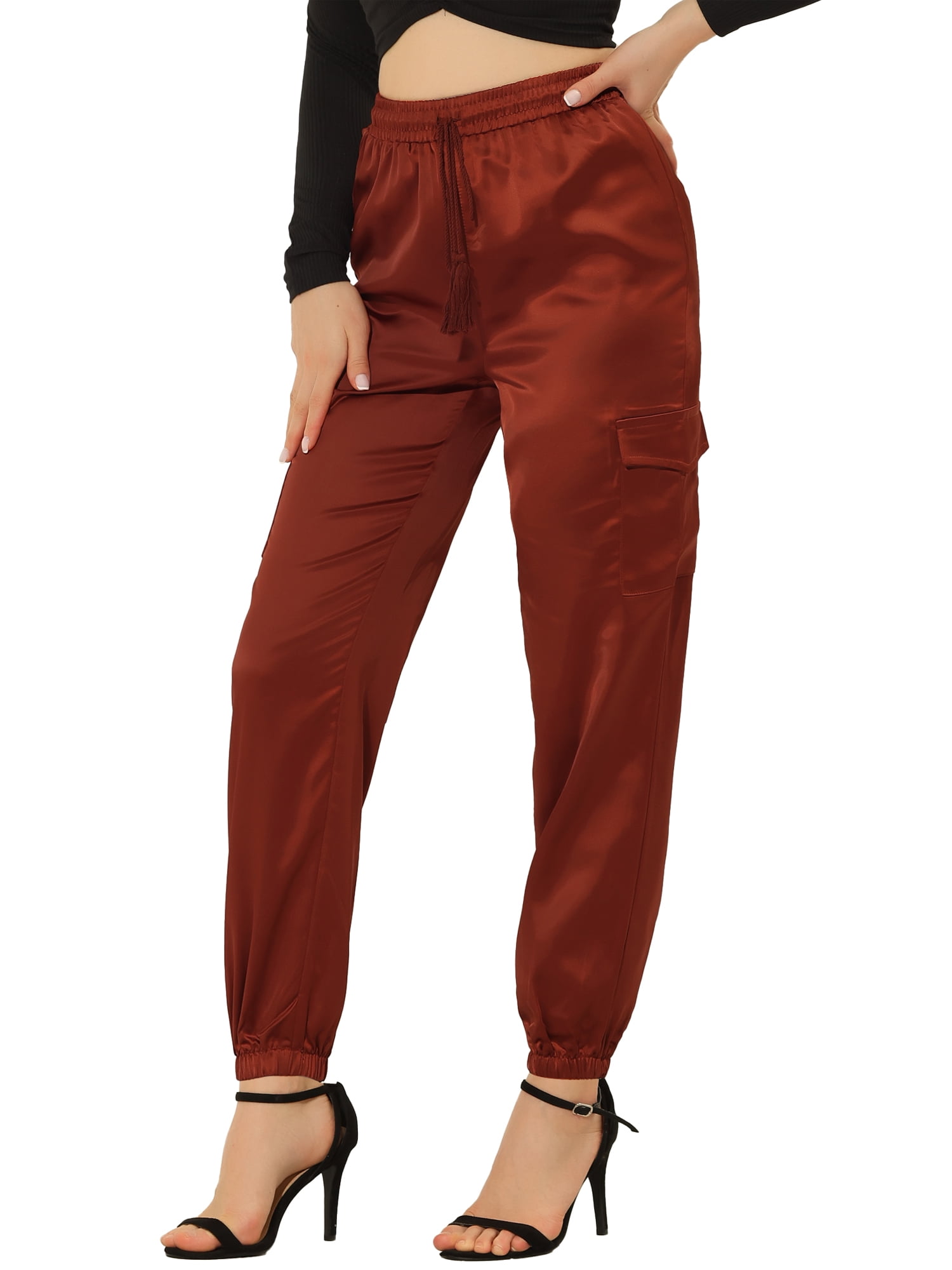 DARING DIVA Women's Drawstring Elastic High Waist Satin Cargo Pants S Brown