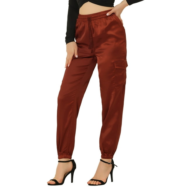 Unique Bargains Women's High Rise Silky Satin Cargo Pants, Brown, XL