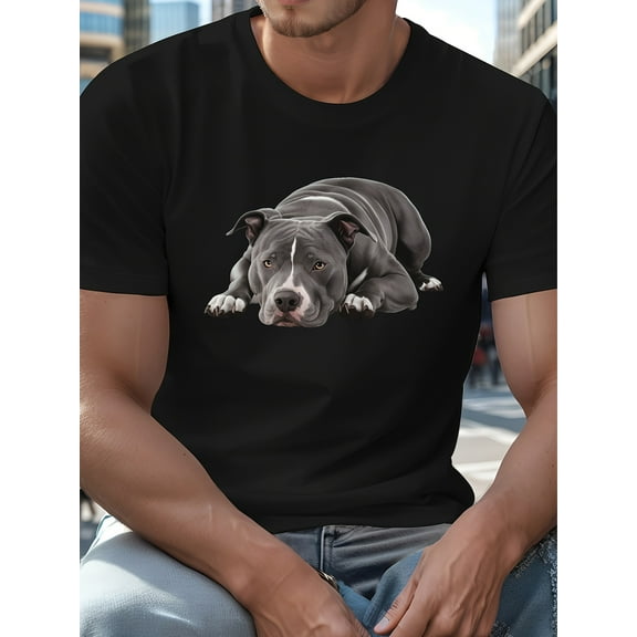 Plus Size Men'S Breathable Cotton T-Shirt - Casual Crew Neck with Gray Pit Bull Graphic Machine Washable Ideal for Summer PLUS SIZE