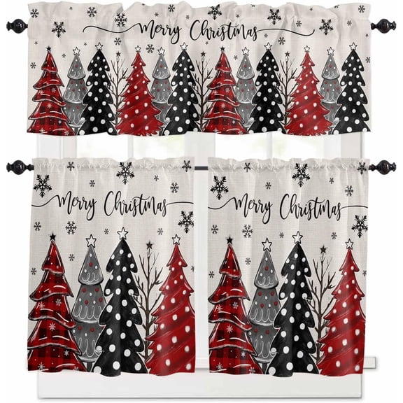 Christmas Kitchen Curtains and Valances Set, Rod Pocket Curtains Tier Farmhouse Window Curtains 24 Inch Length, Red Black Dots Grey Xmas Pine Trees Snowflake 3 Piece Kitchen Curtains Set