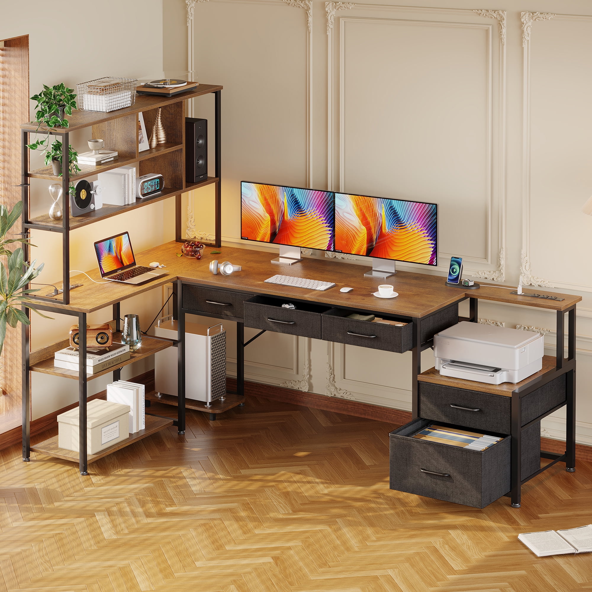 71 inch L Shaped Desk with File Drawers, Reversible L Shaped