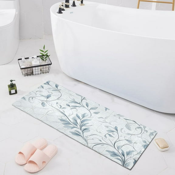 Bath Mat Soft Plush Non-Slip Absorbent Bathroom Rugs 39"x20" Elegant Vintage Flower on Grid