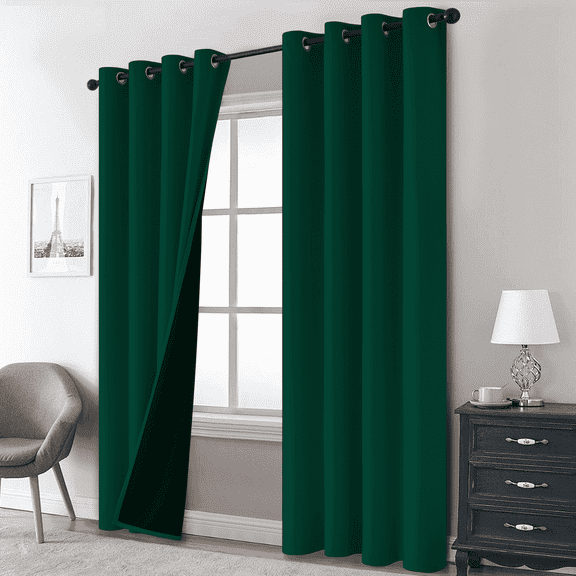 Yakamok 100% Blackout Curtains, Dark Green Curtains for Bedroom 84 inch Length with Black Backing Solid Grommet Panels for Living Room 2 Panels, 52Wx84L