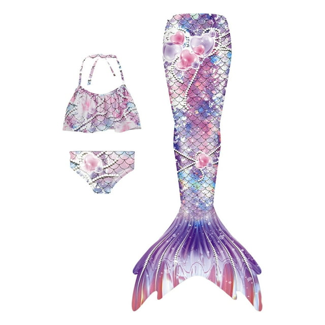 Girl Swimsuit Summer Split Swimsuits Colorful Fish Scale Ruffles Tops Briefs Fish Tail Set Girls Bathing Suit Light Purple 8-9Y