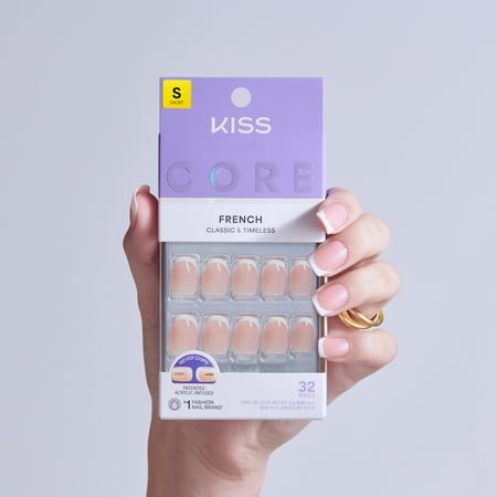 KISS CORE French Tip Press On Nails, ‘Snapshot’, White, Short Squoval, 32 Count