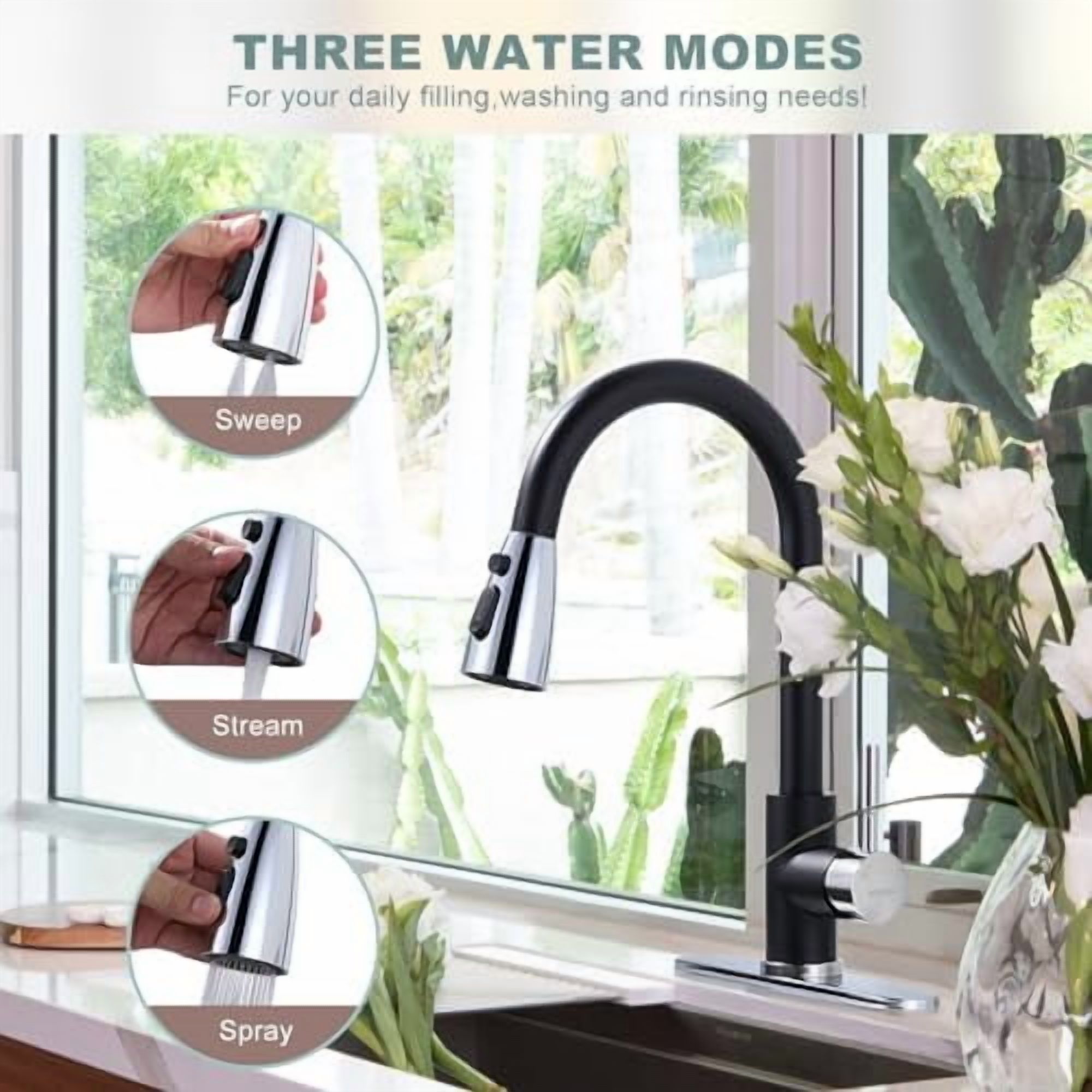 Black and Chrome Kitchen Faucet with Sprayer,  Stainless Steel Kitchen Sink Faucet High Arc Utility Sink Faucet 1 or 3 Hole, Kitchen Tap for RV, Laundry, Bar