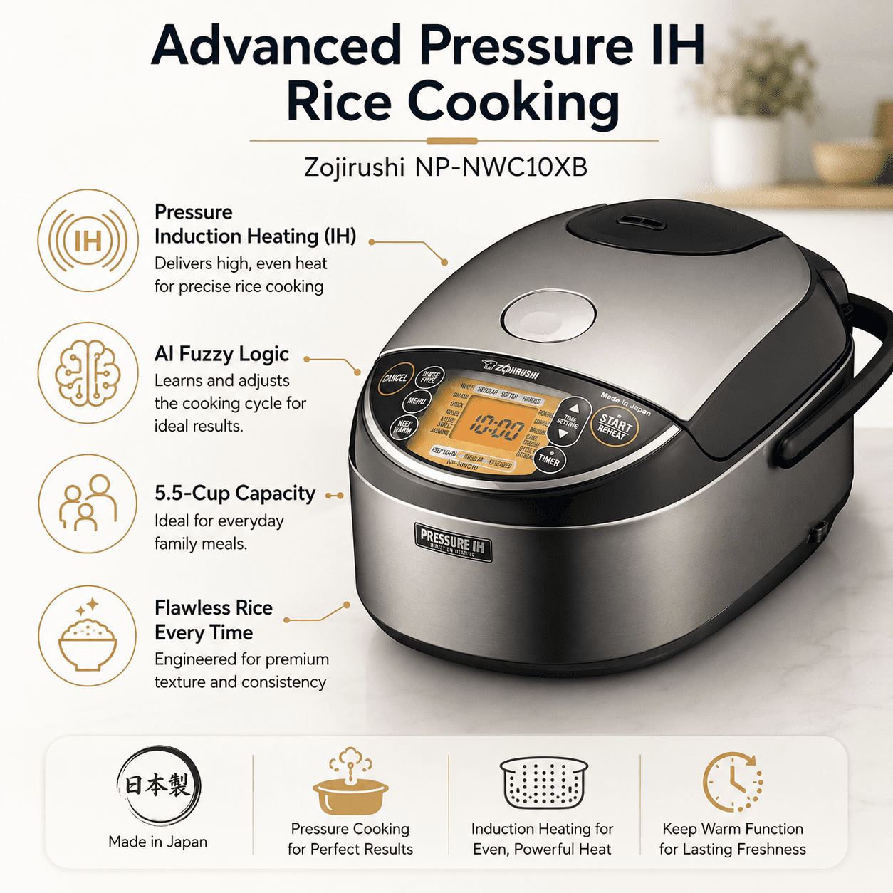 Zojirushi NP-NWC10XB Pressure Induction Heating Rice Cooker w/ Accessory Bundle
