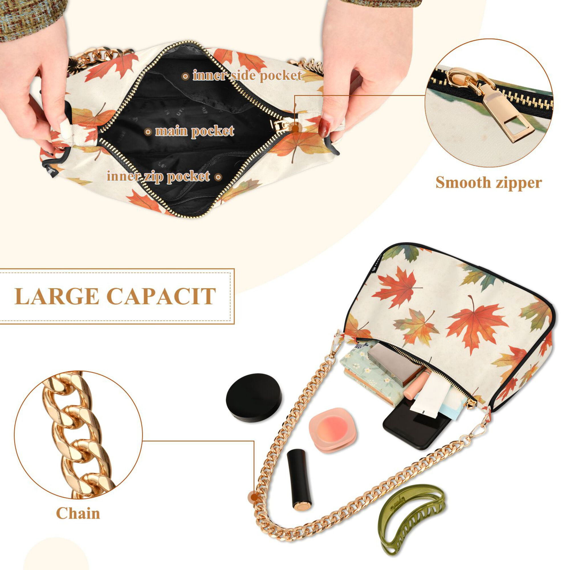 FORMRS Womens Shoulder Bag with Chain Strap Clutch Purse Cute Tote Handbag, Orange Autumn Leaves