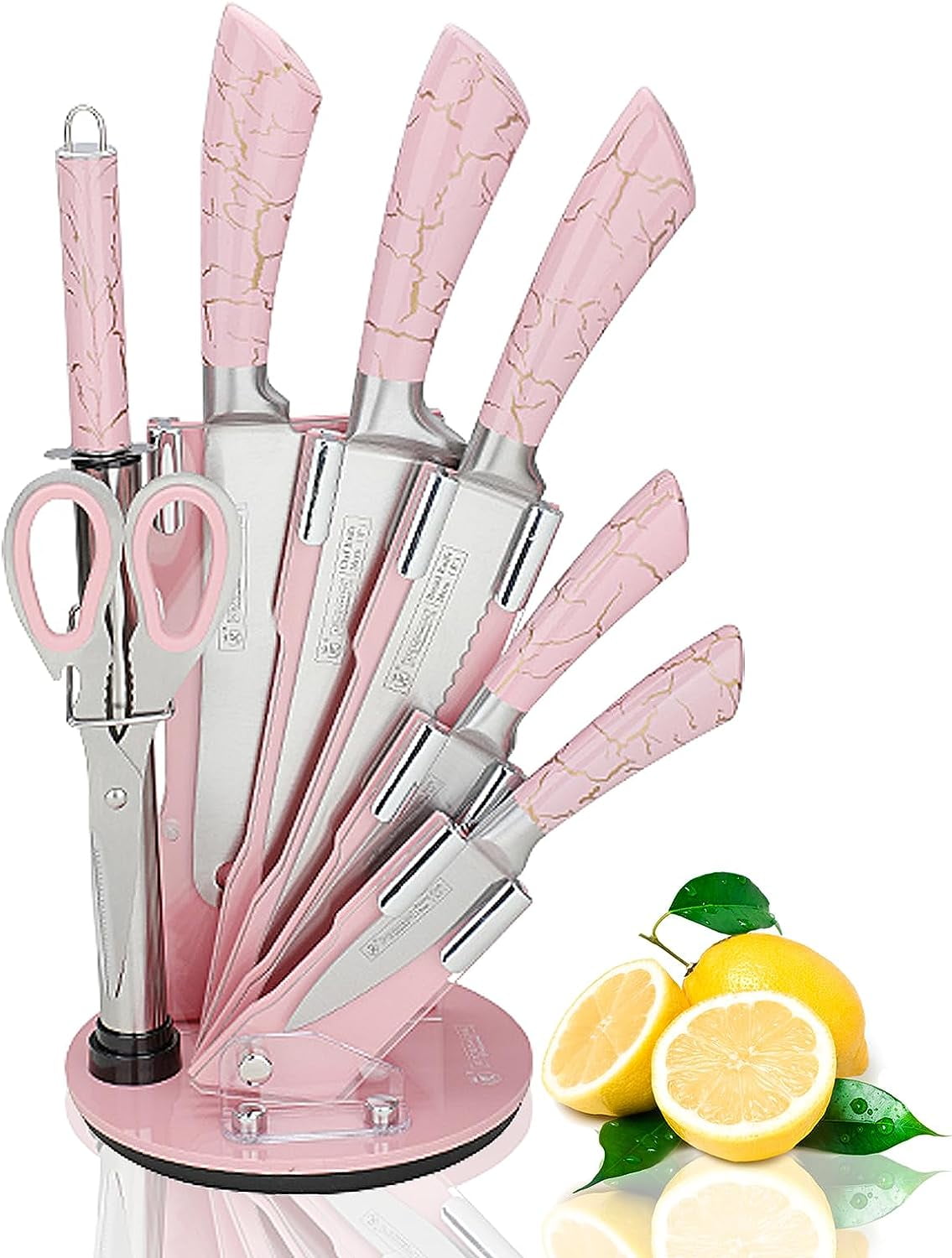 Kitchen Knife Set, 8Pieces Ultra Sharp Pink Chef Knife Set for Kitchen with Marbling Handle