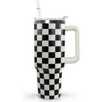 Black and white Checkered Tumbler with Handle Lid and Straw,40 Oz Checkered Tumbler Water Bottle Travel Coffee Cup Mug,Checkered Gifts for Women Men