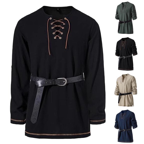 Hinvhai Long Sleeve Shirts for Men Lace Up V Neck T-Shirt Casual Drawstring Solid Stand Collar Blouse Retro Pullover Clothes Navy XL(XL)