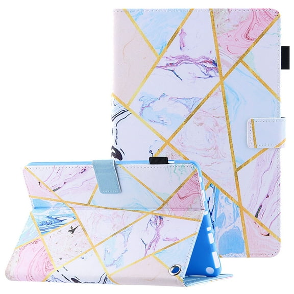 Colorful Marble Case and Cover for Kindle Fire HD 10 Tablet 2021/Fire HD 10 Plus 2021, Allytech Anti-Drop Protection Multi-Angle Viewing Stand Auto Sleep/Wake Wallet Case with Pen Slot, Grid Marble