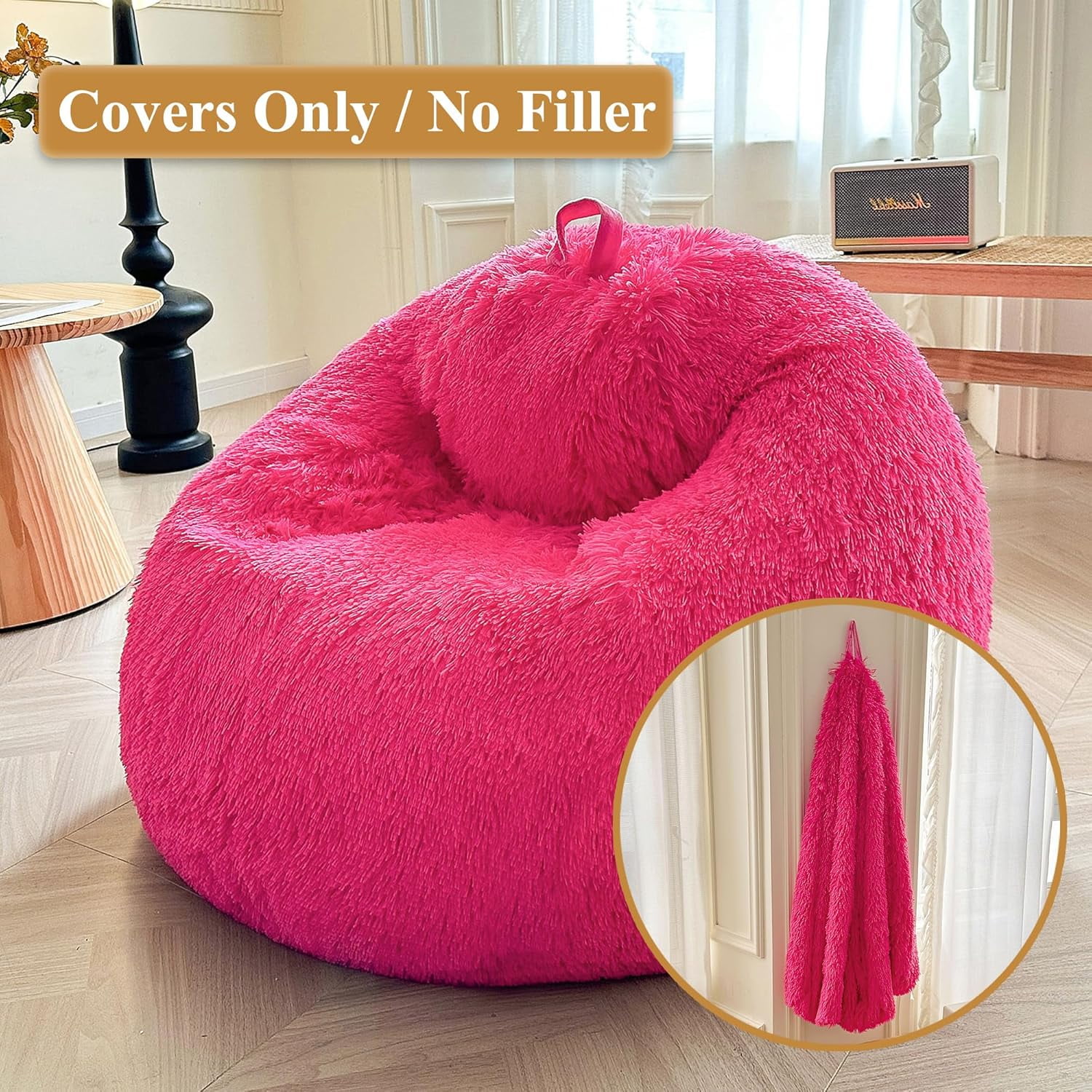 Faux Fur Comfy Bean Bag Cover(No Filler) for Living Room, Tie Dye Fluffy Stuffed Animal Storage Bean Bag Chair Cover, Furry Fuzzy Bean Bag Cover for Adults  Girls, Anti-Slip, Rainbow