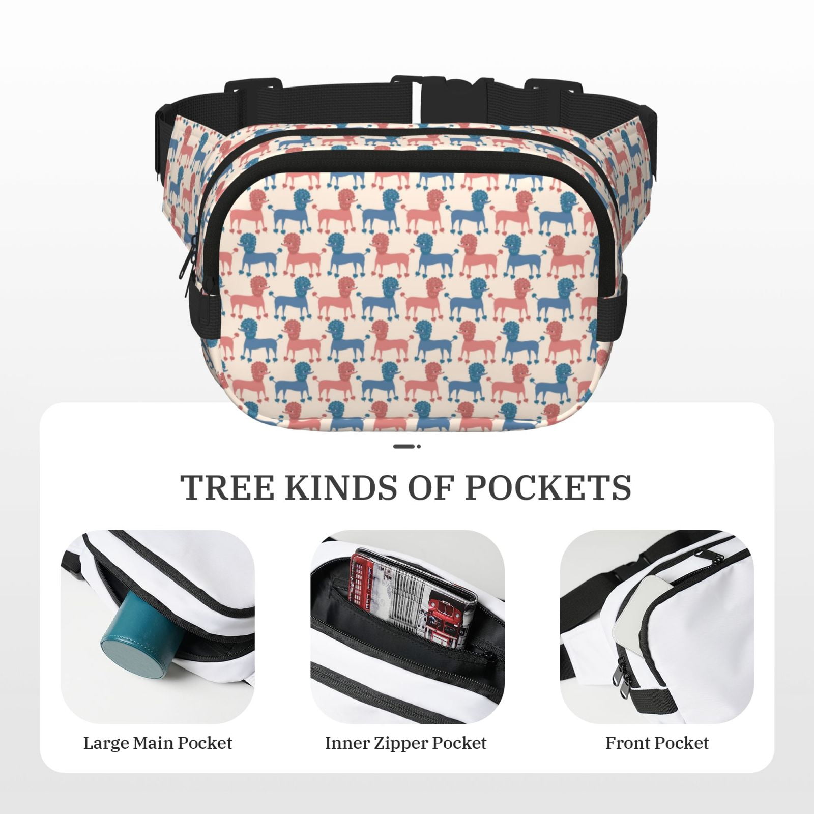 Picia Cartoon Poodle Dog Print Square Double-Layer Waist Bag Mini Adjustable Waist Belt Bag Exercise Running Travel Hiking
