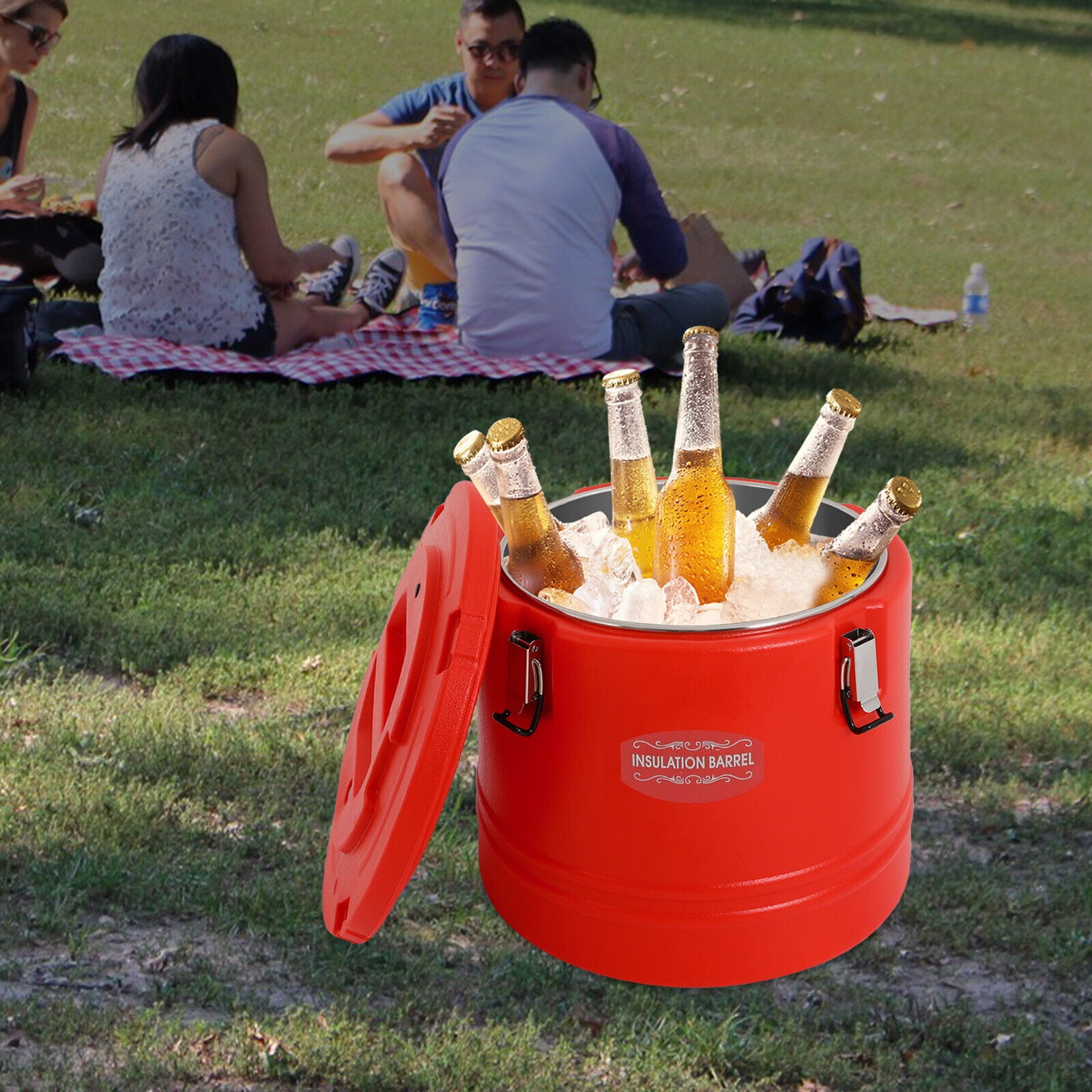 Red 30L Insulated Bucket, Commercial Beverage Cooler 31.7Qt 3-Layer Leak-Proof