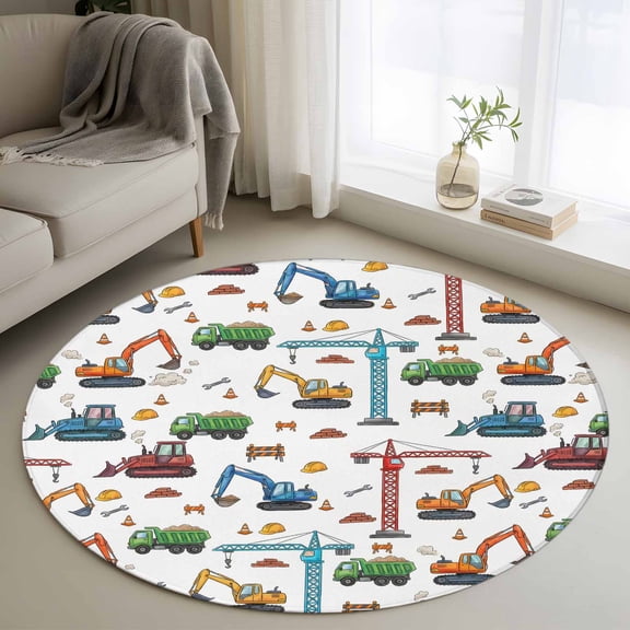 Cartoon Construction Vehicle Round Area Rug 3Ft Washable Small Circle Rugs for Kitchen Entryway, Modern Excavator Crane Non-Slip Carpet Floor Mats Indoor Outdoor Carpet Runner Aesthetic Home Decor