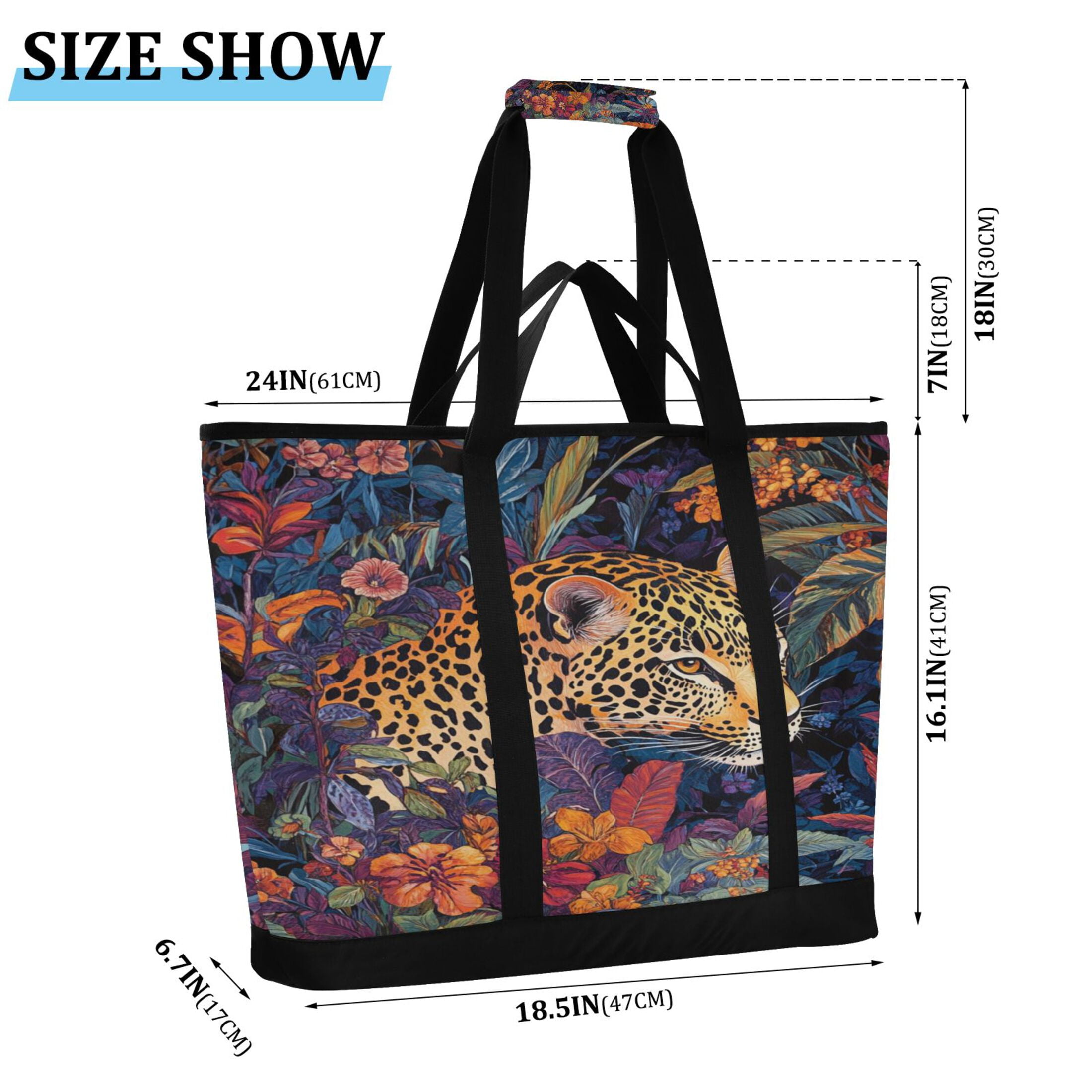 Large Hand-held Ice Pack Picnic Bag Insulation and Refrigeration Suitable for Shopping Picnics and Camping Colorful Flowers and Jaguars