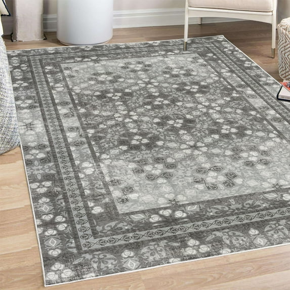 Vintage Decorative Rug, Nostalgic Retro Floral Petals Pastel Look Damask Check Victorian Grayscale Motif, Quality Carpet for Bedroom Dorm and Living Room, 6 Sizes, Dimgray, by Ambesonne