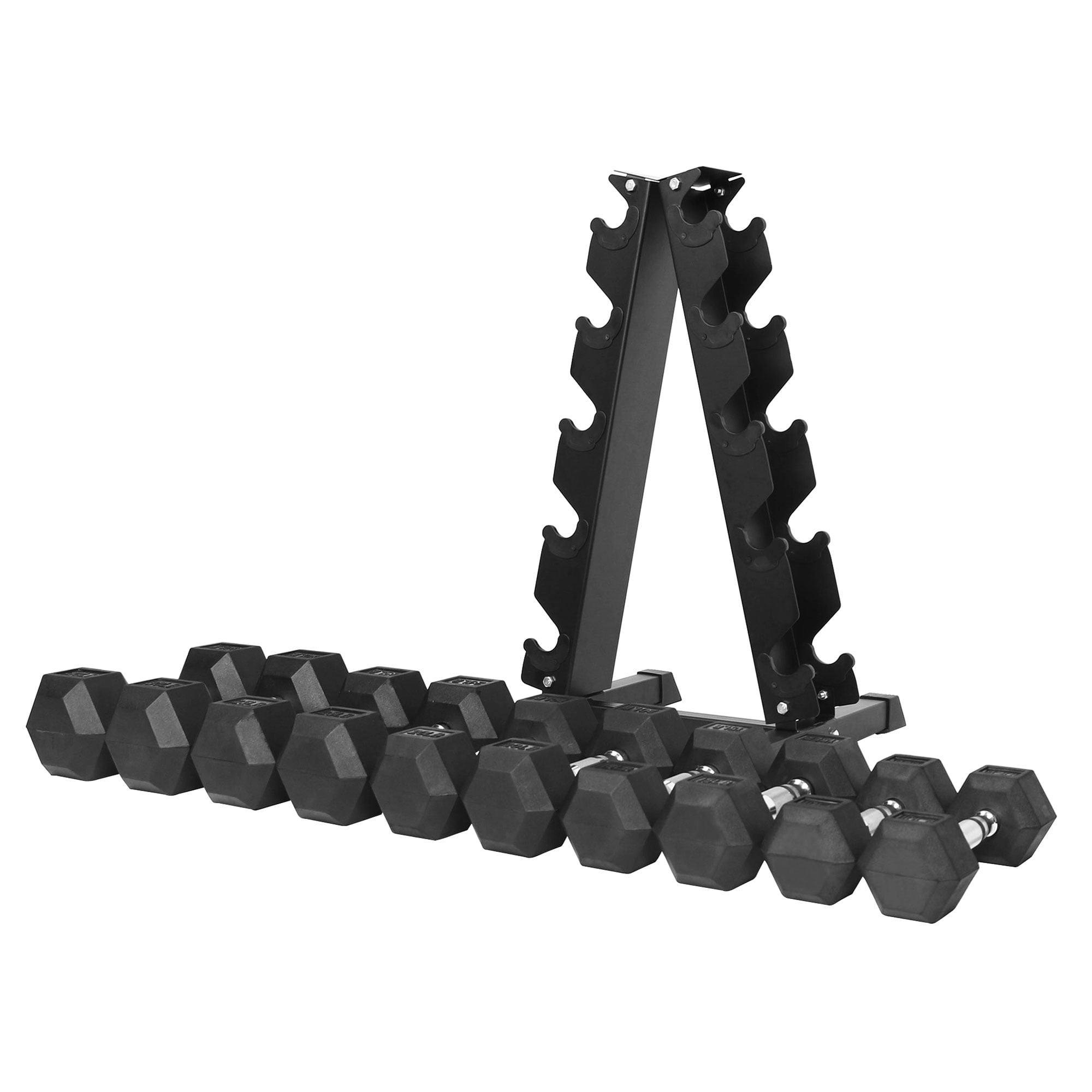 BalanceFrom Rubber Coated Iron Dumbbell Hex Weights Set with A-Frame Rack, Black