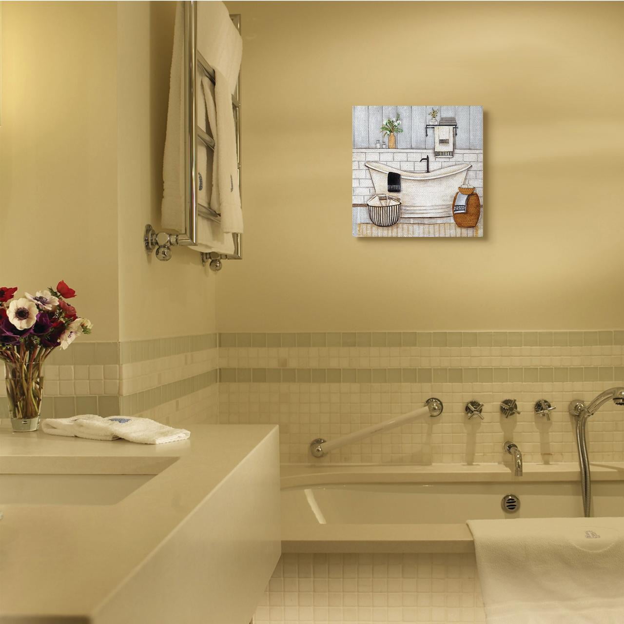 Bathroom Farmhouse Style Tub Neutral Grey Drawing Typography Gallery-Wrapped Canvas Print Wall Art, 17x17