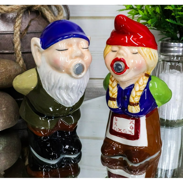 Kissing Mr & Mrs Gnome Couple Magnetic Salt Pepper Shakers Ceramic Figurine  Set