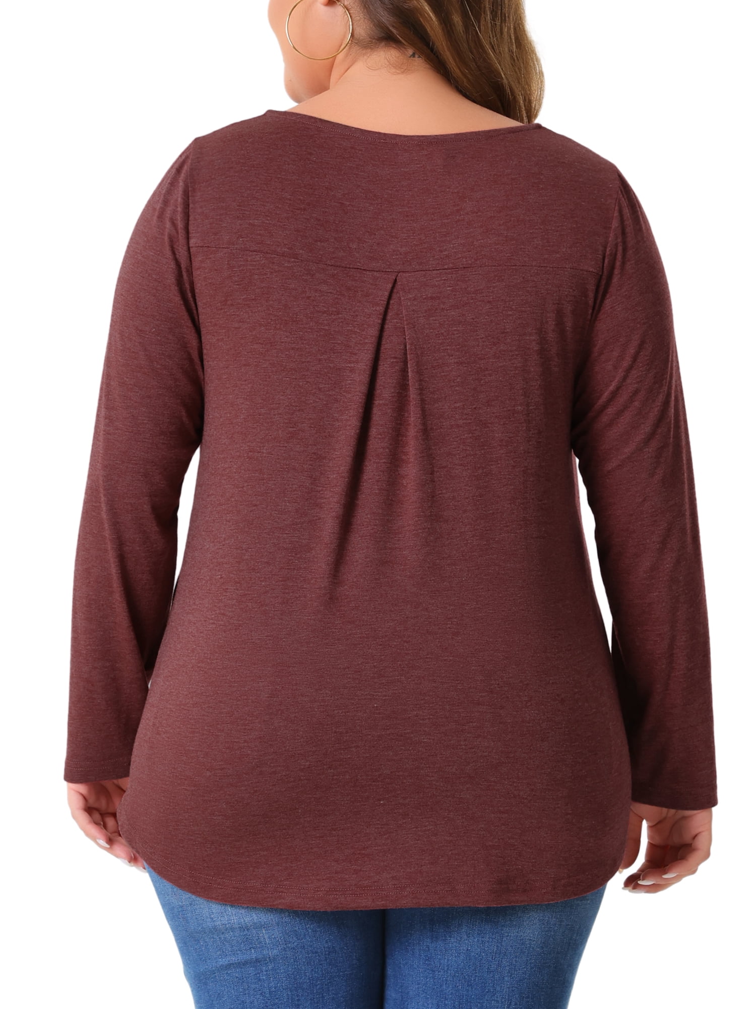 DARING DIVA Women's Plus Tops Notched Neck Front Pleated T-Shirt Blouses 1X Burgundy
