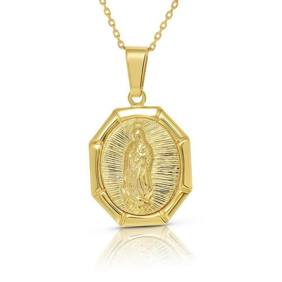 14K GOLD PLATED STERLING SILVER BRUSHED OCTAGON MARY MEDAL PENDANT NECKLACE