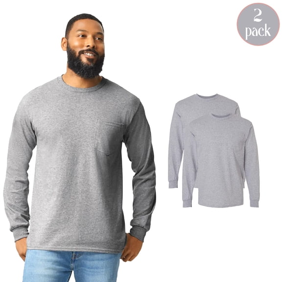 Gildan Men Ultra Cotton Long Sleeve Pocket T-Shirt, Crew Neck Classic Fit Sport Grey Tee, 2-Pack S