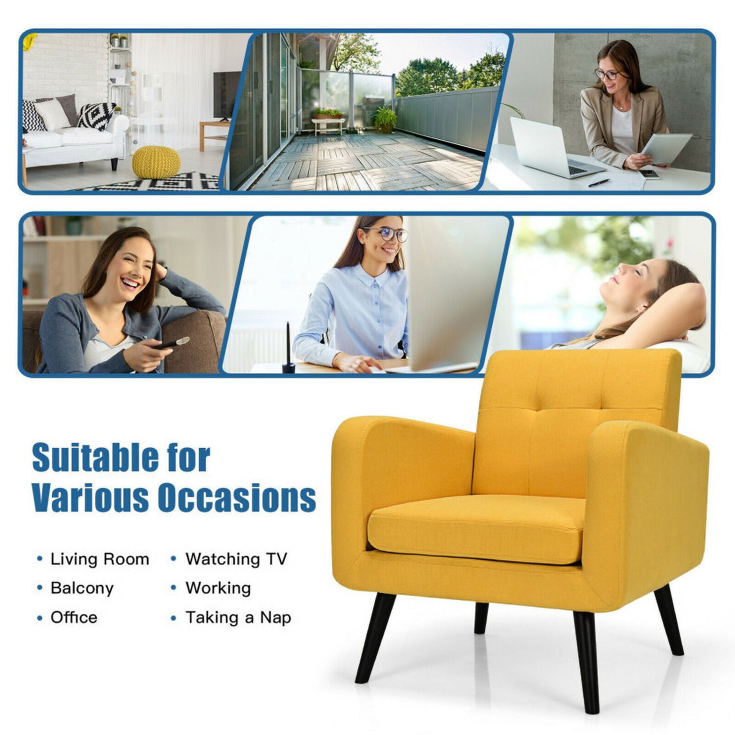 Finihen Upholstered Accent Chair, Modern Upholstered Comfy Accent Chair Single Sofa with Rubber Wood Legs, for Living Room, Bedroom, Yellow
