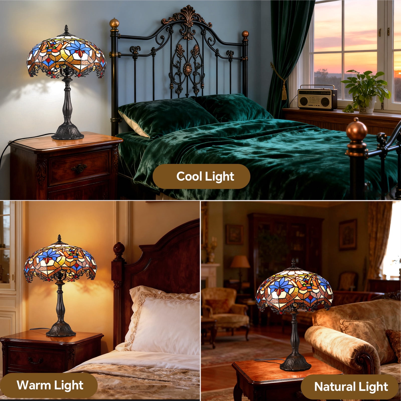 SUNMORY 18.5'' Stained Glass Tiffany Style Table Lamps, Bedroom Bedside Reading Desk Light for Living Office Dormitory Bar Retro Unique Cute Accent Decor Cottage Village Gift Nightstand Lamps