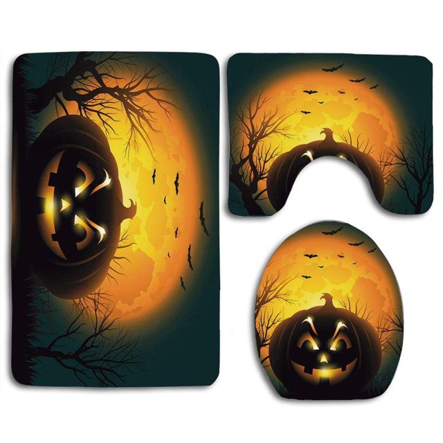 ABPHQTO Halloween Personaje feroz Cara malvada Siniestro Agresivo Calabaza Luna Llena Murciélagos Juego de alfombras de baño de 3 piezas Alfombra de baño Alfombra de contorno y tapa de inodoro
