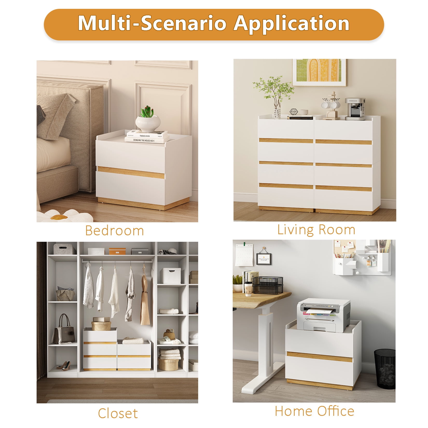 H&3L White Nightstand ，Modern large Bedside Table， Wood Stackable  2 Drawer dresser for Clothes for Closet，Bedroom,Living Room，16"D x 24"W x 20"H