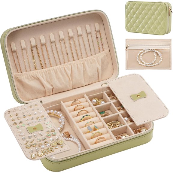 ANHXN Travel Jewelry Case for Women Girls, Travel Jewelry Organizer Box with Mirror & Clear Storage Bag, Small Portable Earring Necklace Bracelet Ring Case, Birthday Valentine Gifts -