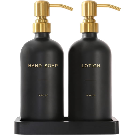 Soap Dispenser Set with Stainless Steel Pump Hand and Lotion Dispensers Gold Pump and Black Bottle