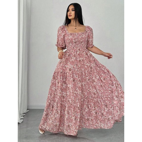 Soft Pink Plus Size Summer Ditsy Floral Square Neck Puff Sleeve Maxi Dress