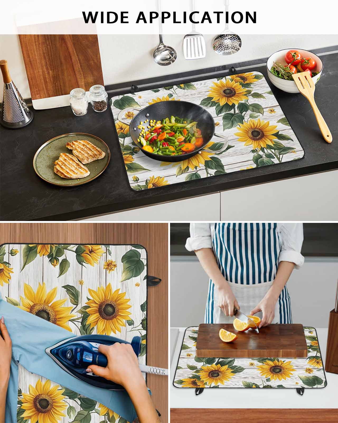 nqOlkjepod Large Induction Cooktop Protector Mat 36"x21", Yellow Sunflowers Stove Top Covers for Electric Stove, Country Botanical Floral Wooden Grain Stove Burner Cover Mats, Glass Top Stove Cover