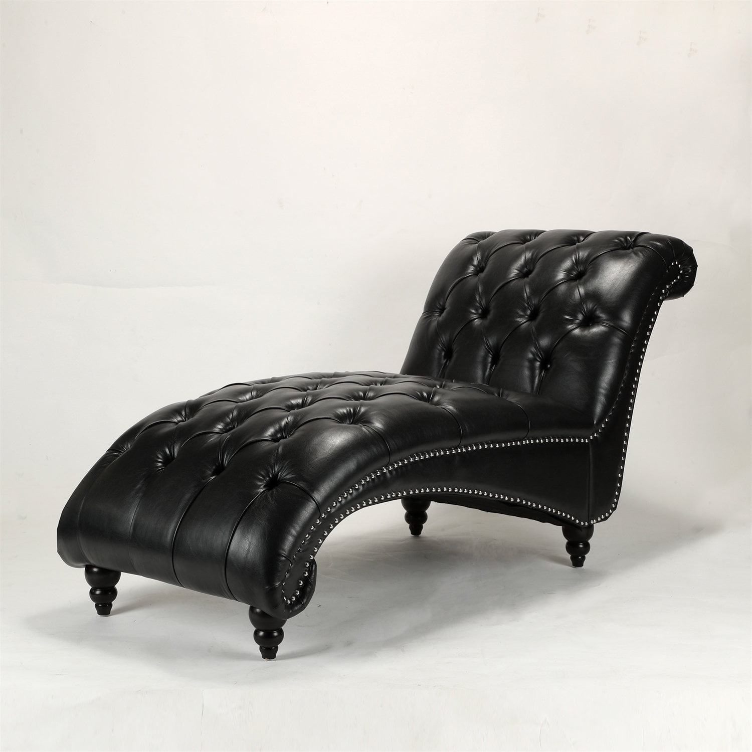 PU Leather Tufted Chaise Lounge Chair, Single Sofa Chaise Chair with Nailhead Trim and Turned