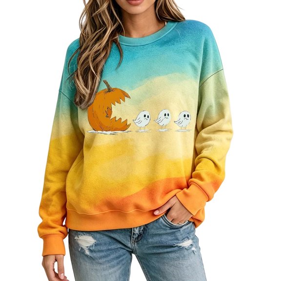 qafoshin Halloween Sweatshirts for Women Oversized Crew Neck Long Sleeve Printed Shirts Cute Pullover Plus Size Tops