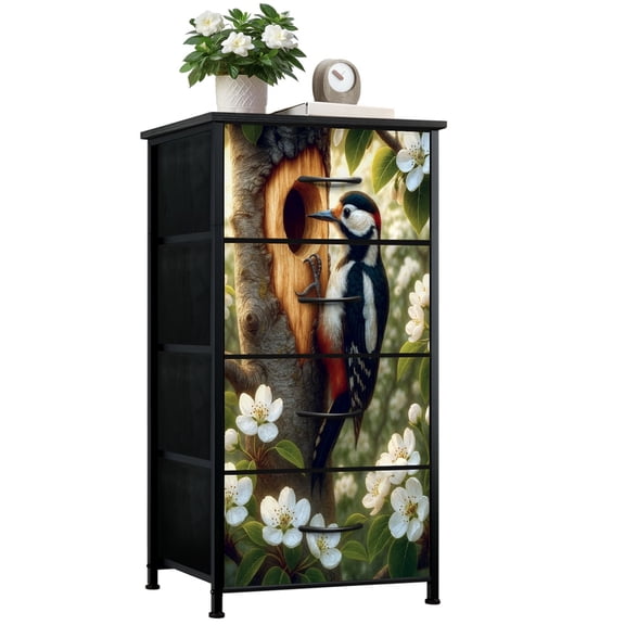 Dresser for Bedroom with 4 Storage Drawers Detailed Woodpecker Nest Hole White Spring Blossoms Dressers Chest of Drawers Steel Framed Fabric Closet Organizers for Entryway