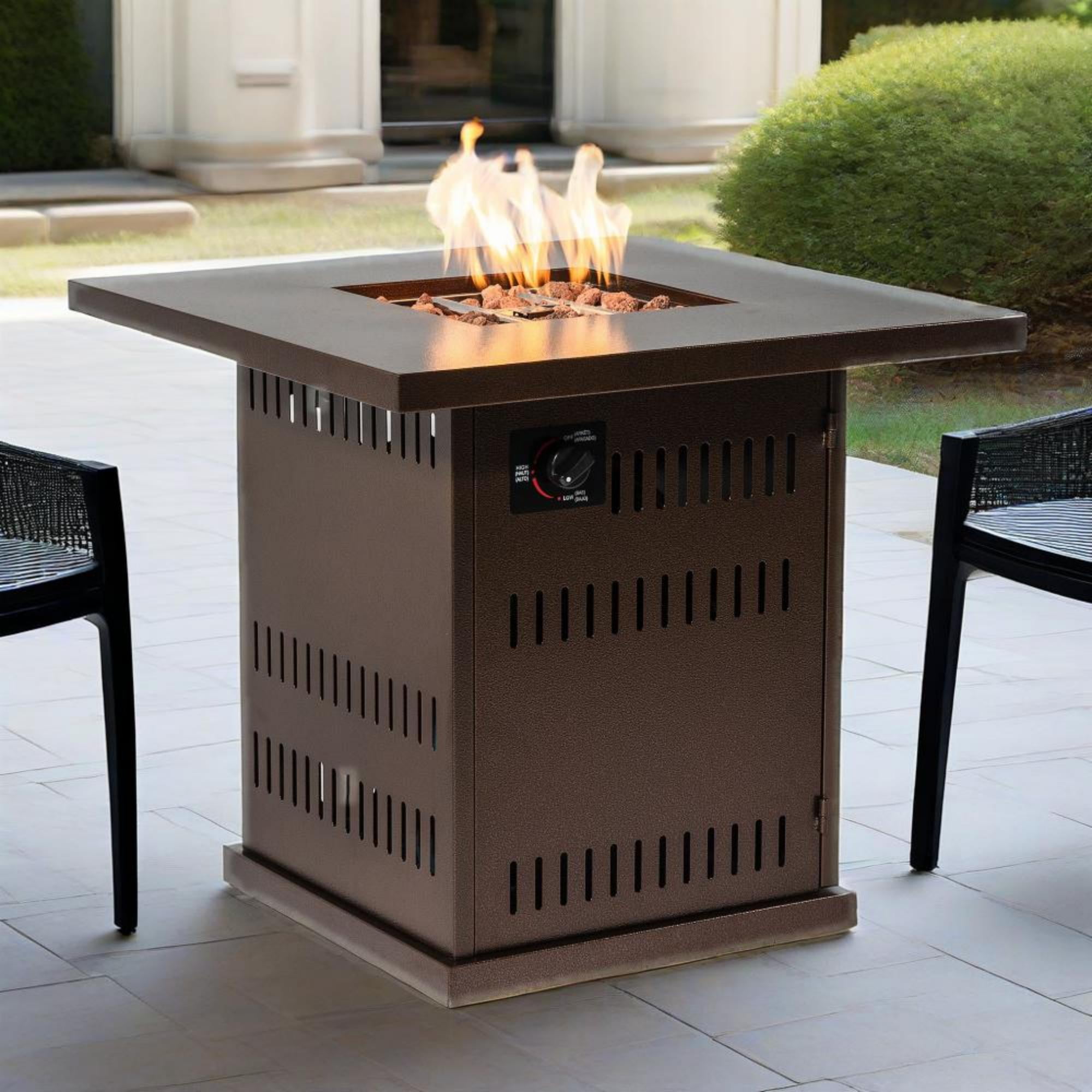 28" Fire Pit Table, Propane Fire Pit with Lid, Lava Rocks, 50000 BTU Outdoor Gas Fire Pit, Metal Square Propane Fire Pit for Outside Garden Backyard Deck Patio, Brown, LLL4008
